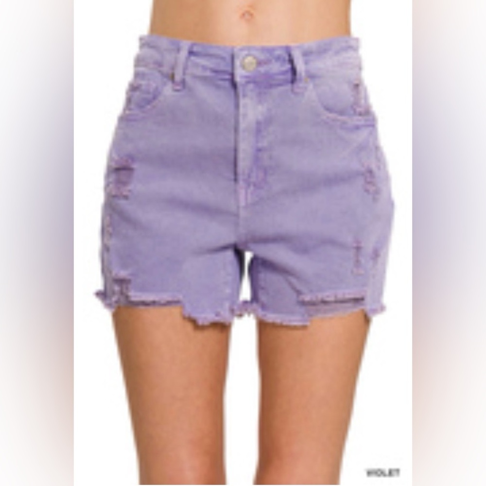 Zenana Violet Acid Wash Distressed Denim Shorts